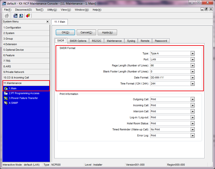 Panasonic KX-TDE SMDR setup (common options)