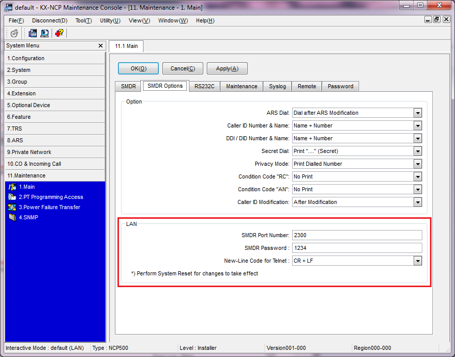 Panasonic KX-TDE SMDR setup (communication options)