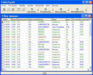 Главное окно WinTariff'a со списком звонков